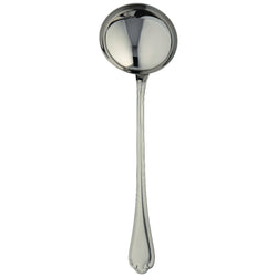 Sully soup ladle by Ercuis in polished stainless steel with ridge handle and shell motif.