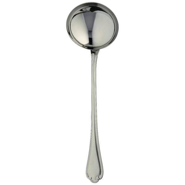 Sully soup ladle by Ercuis in polished stainless steel with ridge handle and shell motif.