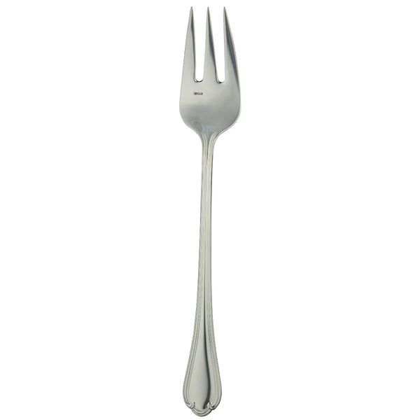 Sully serving fork by Ercuis in polished stainless steel with ridge handle and shell motif.