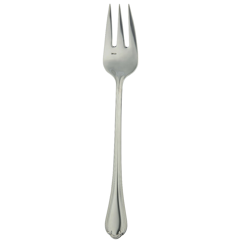 Sully serving fork by Ercuis in polished stainless steel with ridge handle and shell motif.