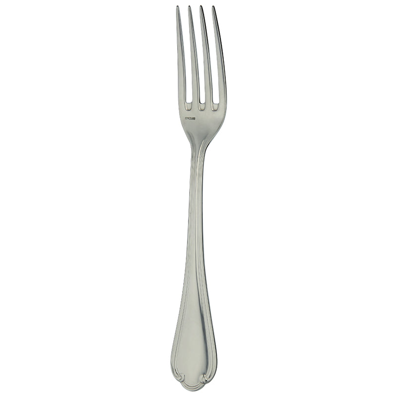 Sully place fork by Ercuis in polished stainless steel with ridge handle and shell motif.