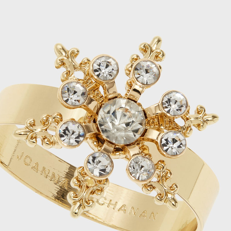 Close-up of crystal detailing on Snowflake Skinny Napkin Ring in silver finish