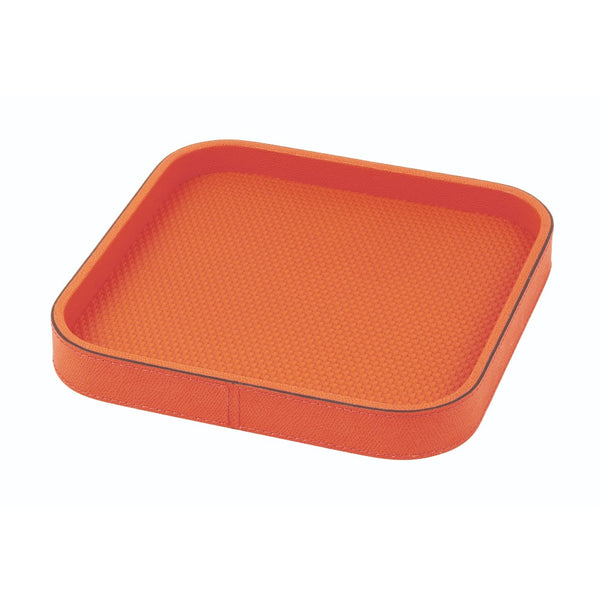 Square Leather Tray "Polo" in Orange, H 3cm, Large by Giobagnara