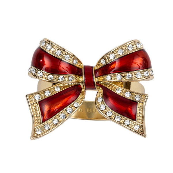 Top view of Enamel Bow Napkin Ring in Red by Joanna Buchanan on white background