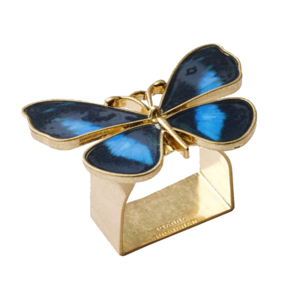 Side view of blue Painterly Butterfly Napkin Ring by Joanna Buchanan on white background