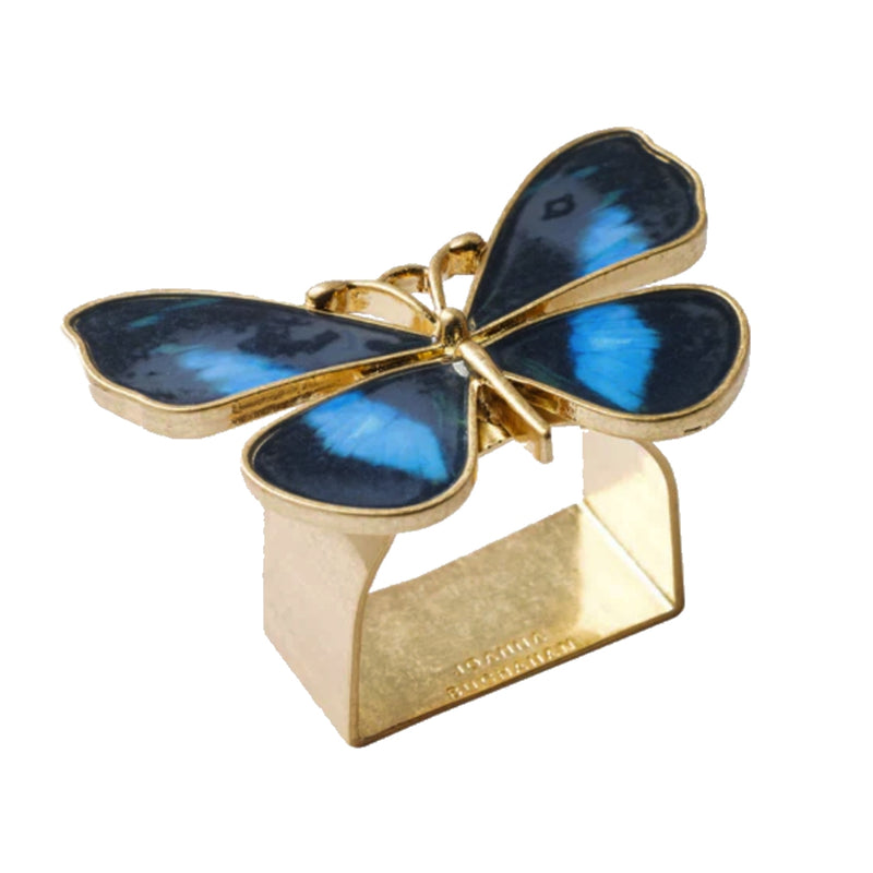 Side view of blue Painterly Butterfly Napkin Ring by Joanna Buchanan on white background