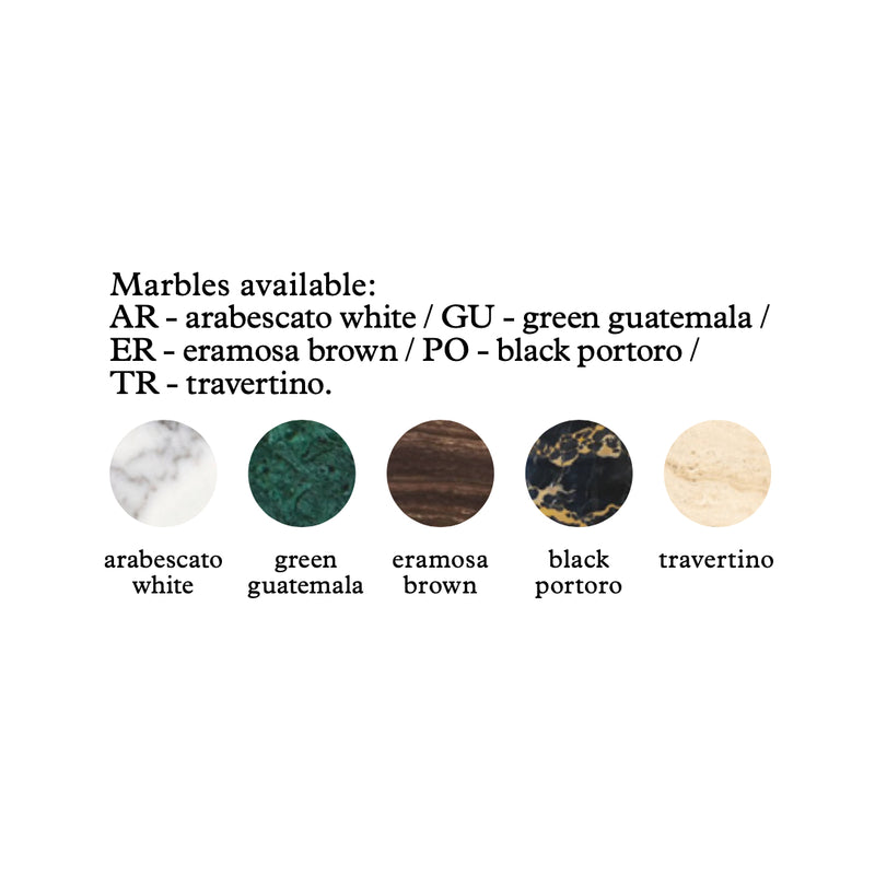 Giobagnara marble finish options for luxury backgammon tray – Arabescato White, Green Guatemala, Eramosa Brown, Black Portoro, and Travertino.