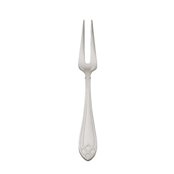 Arcade silver-plated small meat serving fork by Robbe & Berking with two pointed prongs and detailed handle.