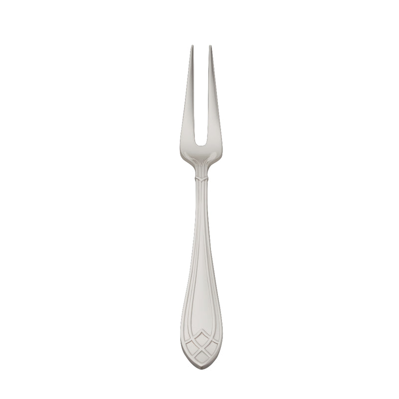 Arcade silver-plated small meat serving fork by Robbe & Berking with two pointed prongs and detailed handle.