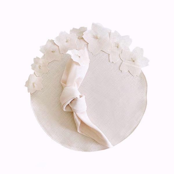 Light pink linen napkin with cherry blossom aplication on cherry blossom placemat - Amiramour