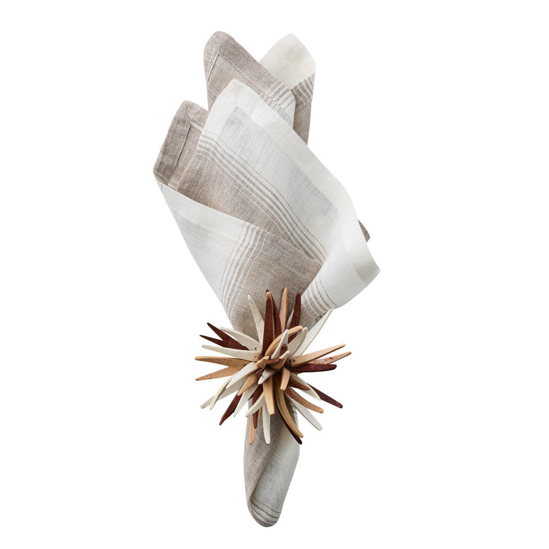 Baltic ivory and beige striped linen napkin styled with casual napkin ring on white background 