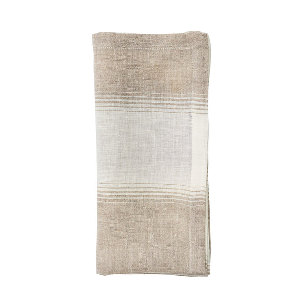 Folded Baltic ivory and beige striped linen napkin on white background by Amiramour
