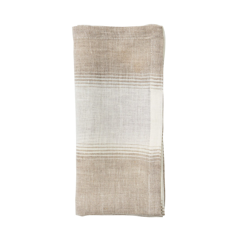 Folded Baltic ivory and beige striped linen napkin on white background by Amiramour