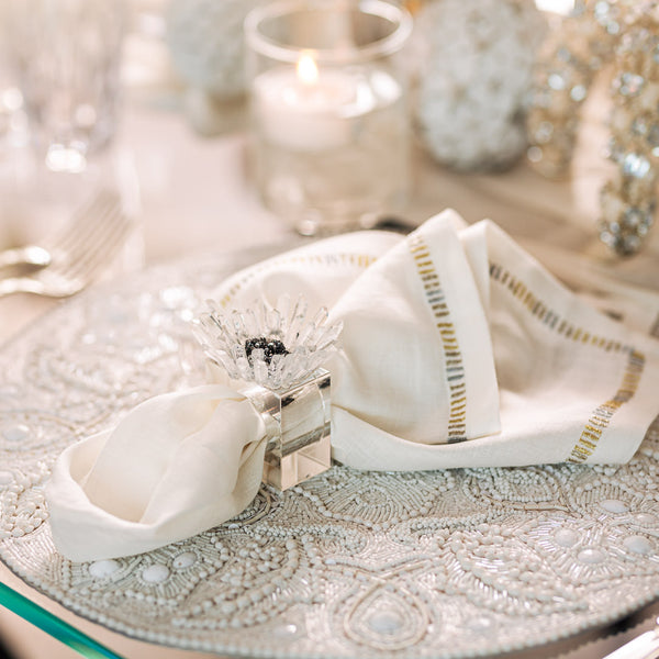 Patina linen napkin by Kim Seybert side view on styled elegant tablescape