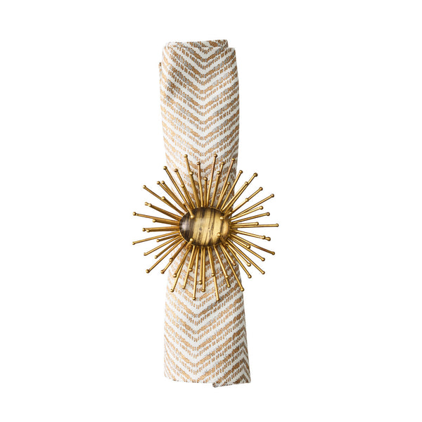 Styled Drift napkin with gold modern napkin ring, top view Amiramour