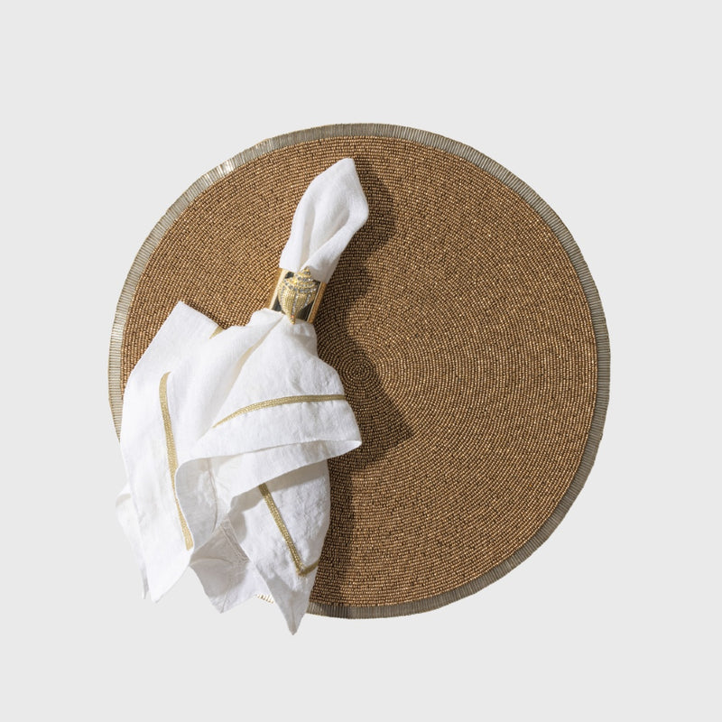 Sparkle Shell Napkin Ring on white napkin with brown placemat by Joanna Buchanan