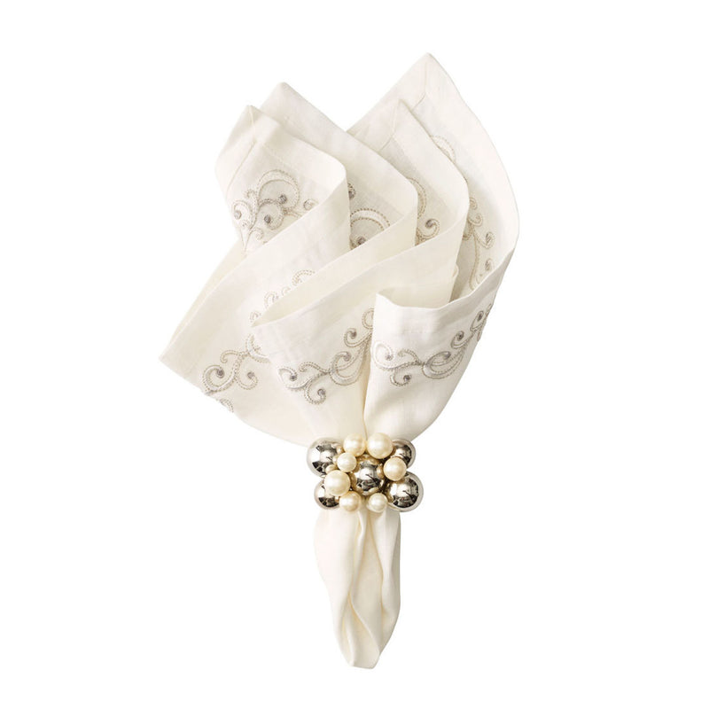 Elegant Bauble Napkin Ring on folded napkin in pearl and silver 