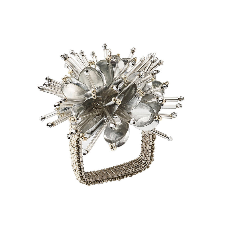 Metallic silver Starburst napkin ring by Kim Seybert available at Amiramour, radiant sculptural burst design