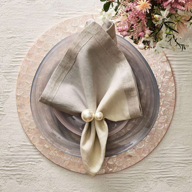Nude and rose table decor styled with ivory pearl napkin ring, exclusively at Amiramour