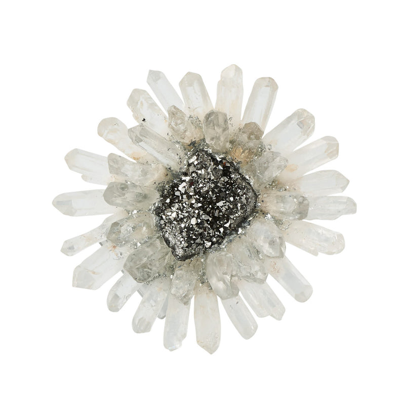 Top view of floral Bloom napkin ring made of natural quartz and silver accents