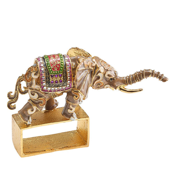 Front view of Mahout Elephant Napkin Ring in gold with ceremonial beading by Kim Seybert