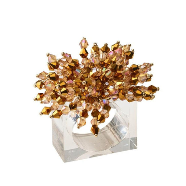 Front view of Brilliant Napkin Ring in gold with acrylic, glass, and metal beads by Kim Seybert