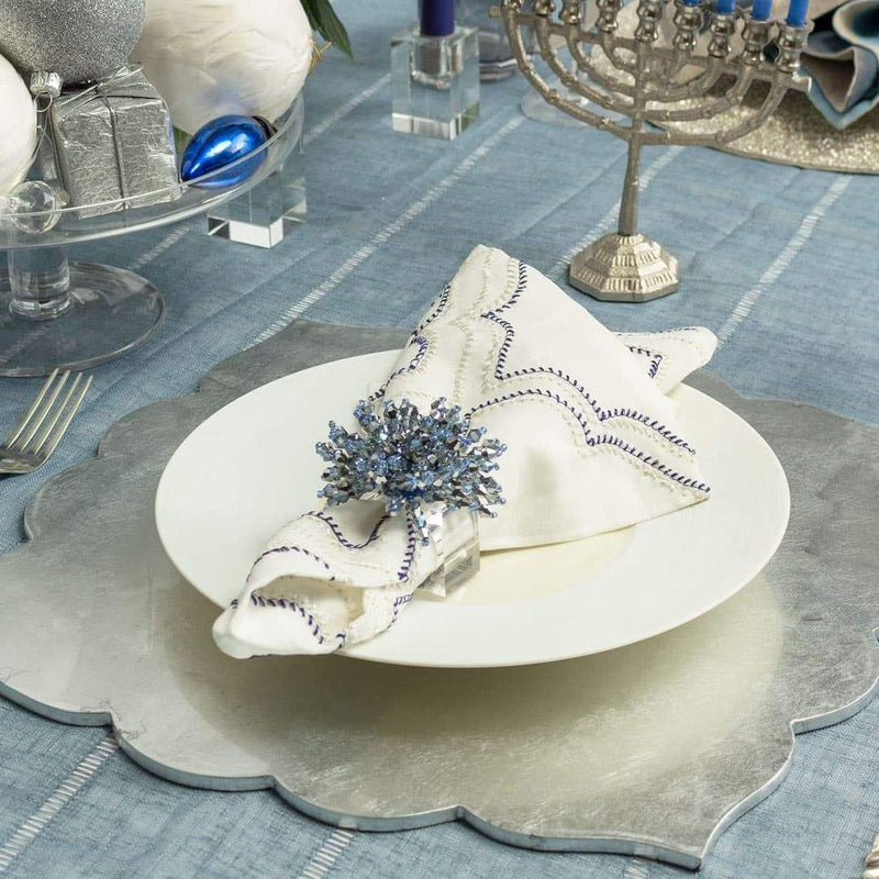 Blue, white, and silver Christmas table décor with Brilliant Napkin Ring