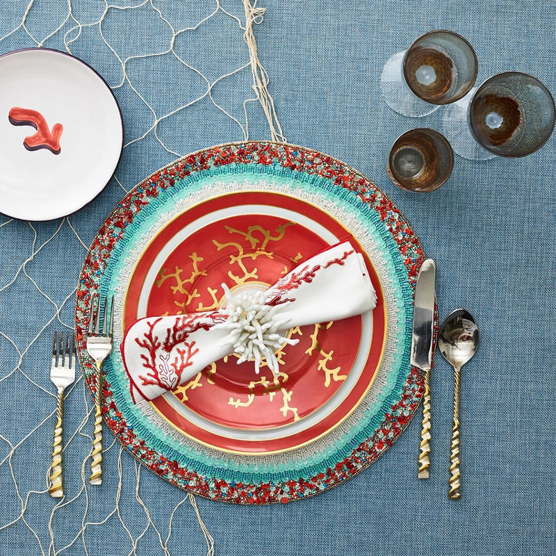 Summer-inspired, colorful tablescape with white Amalfi napkin ring as textural accent