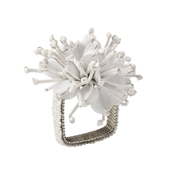 Starburst white napkin ring by Kim Seybert, handcrafted with radiant glass bead design