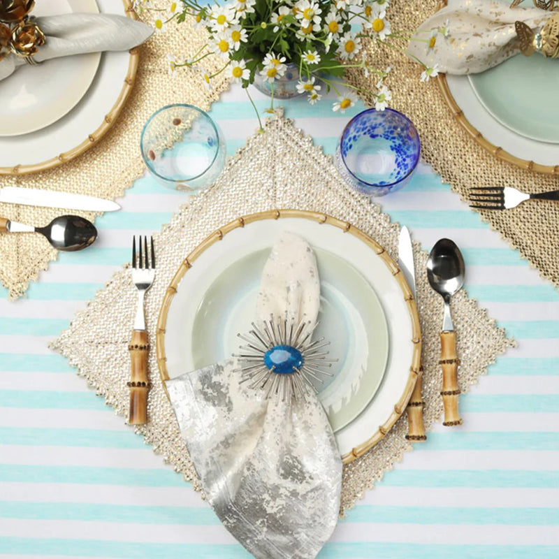 Cream and light blue summer table decor with cobalt silver Flare Napkin Ring