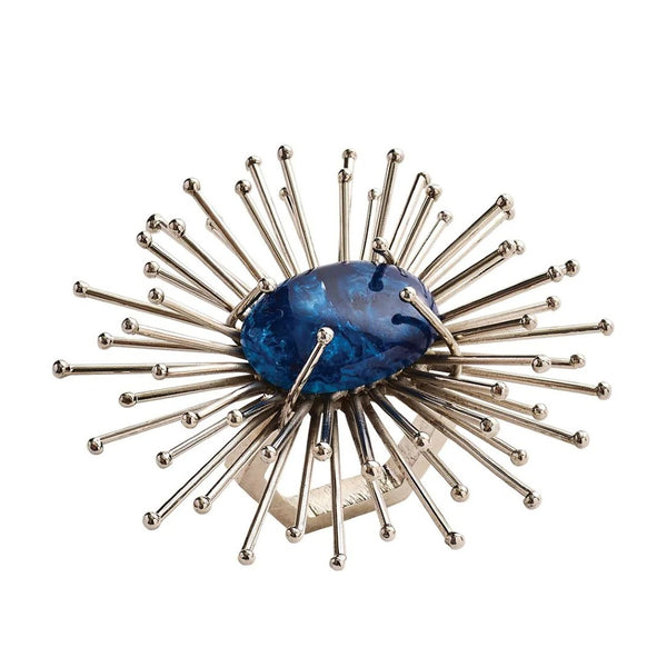 Front angle of cobalt and silver Flare Napkin Ring with metallic finish by Kim Seybert