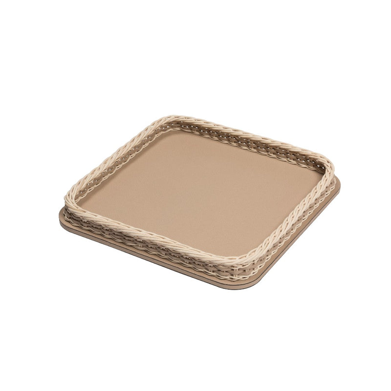 Square Leather & Rattan Tray 'Orsay' in Cappuccino by Pigment France