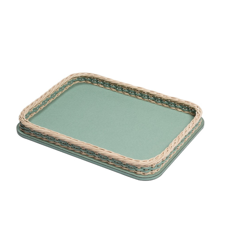 Rectangular Leather & Rattan Tray 'Orsay' in Mint by Pigment France