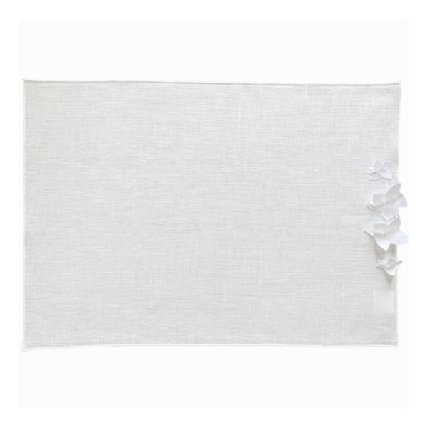 White rectangular linen placemat with 3D jasmine flowers.