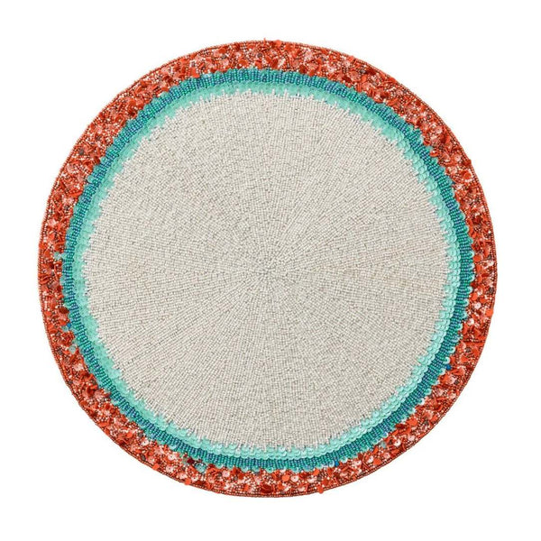 Amalfi beaded placemat with turquoise and coral beadwork.
