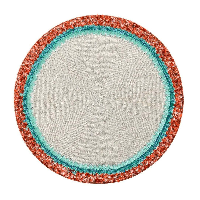 Amalfi beaded placemat with turquoise and coral beadwork.