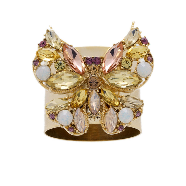 Front view of yellow and pink Jewelled Butterfly Napkin Ring by Joanna Buchanan with pastel crystal wings
