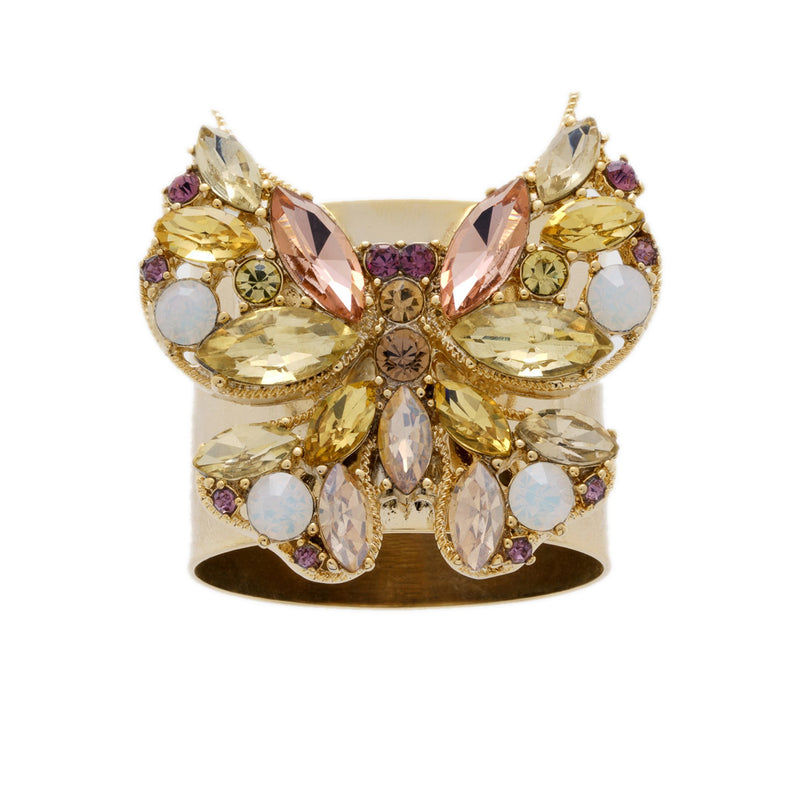 Front view of yellow and pink Jewelled Butterfly Napkin Ring by Joanna Buchanan with pastel crystal wings