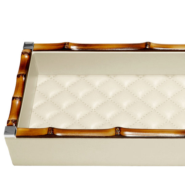 Long Rectangular Valet Tray 'Bice Diamonds' with Bamboo Trim in Ivory - By Amiramour