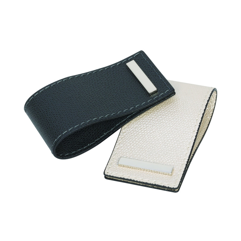 Leather cuff napkin ring with chrome detail by Giobagnara in two different colours.
