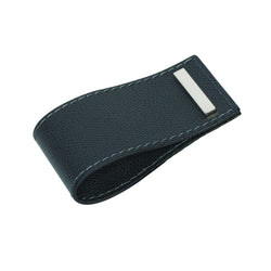 Leather cuff napkin ring with chrome detail by Giobagnara presented on white background.
