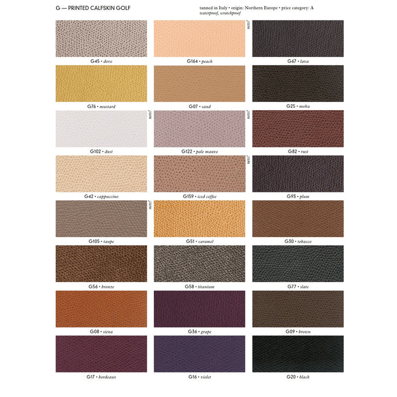 Calfskin Golf leather colour chart page one.