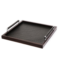 Square Leather Tray 'Diana' with Macassar Ebony Frame and Leather Handles in Black by Riviere