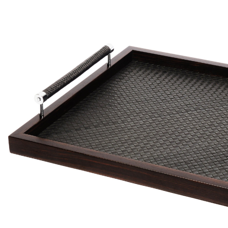 Square Leather Tray 'Diana' with Macassar Ebony Frame and Leather Handles in Black by Riviere