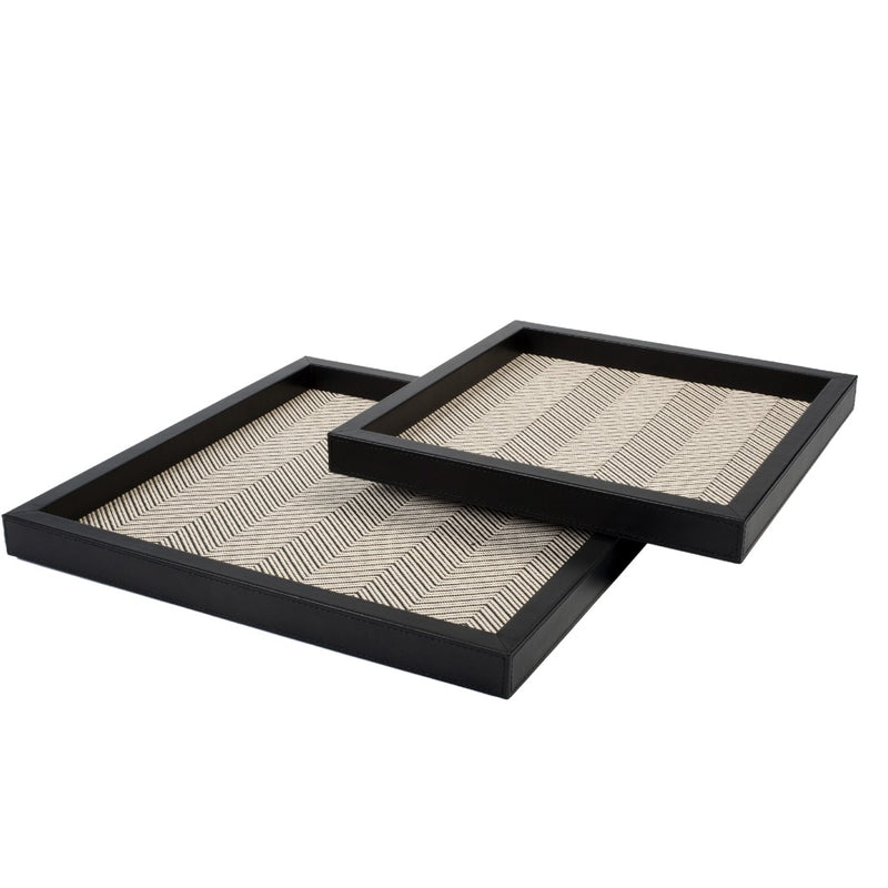 Square Valet Leather Tray 'Febe' with Herringbone Waxed Cotton in Black, Large by Riviere