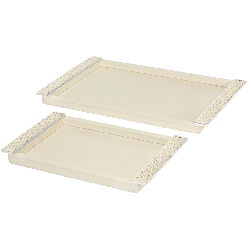 Rectangular Leather Tray 'Circe' with Braided Leather Handles in Ivory and Chrome, Small by Riviere