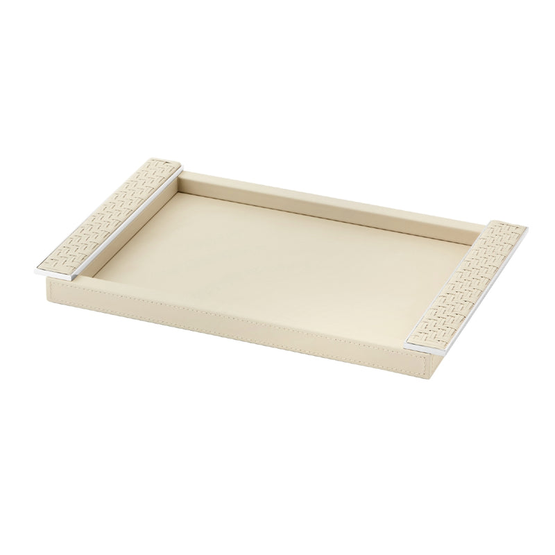 Rectangular Leather Tray 'Circe' with Braided Leather Handles in Ivory and Chrome, Small by Riviere