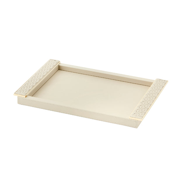 Rectangular Leather Tray 'Circe' with Braided Leather Handles in Ivory and Gold, Small by Riviere