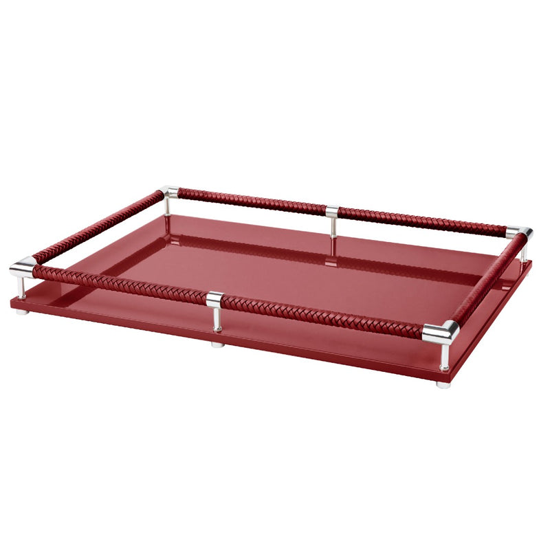 Rectangular Tray 'Thea' Lacquered in Red with Chrome Details Large by Riviere