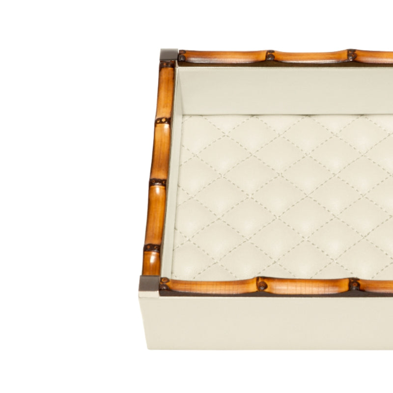 Square Leather Tray 'Bice Diamonds' with Bamboo Trim in Ivory, Small by Riviere